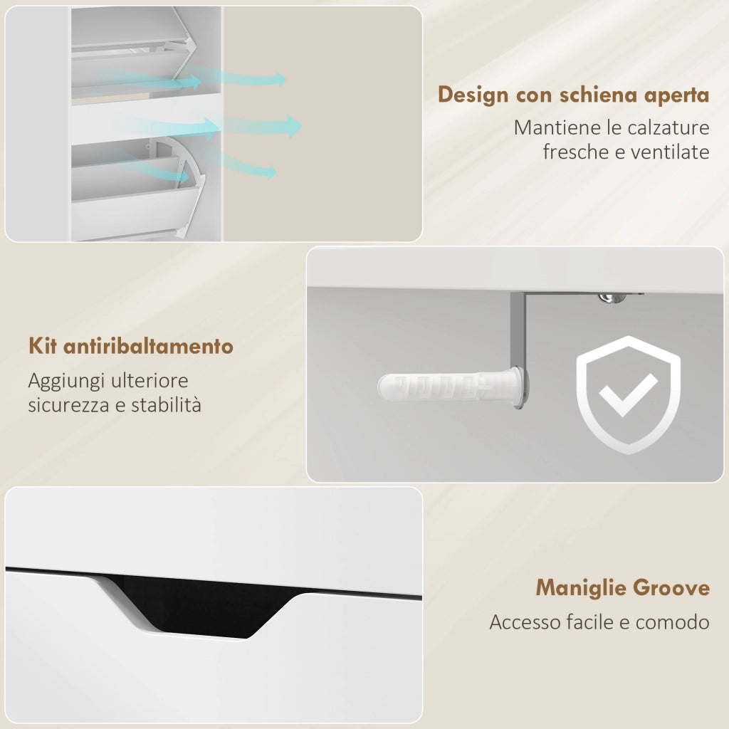 Scarpiera 60x26x140 cm Mobile con 3 Cassetti Ribalta e Ripiani Regolabili in MDF Bianco