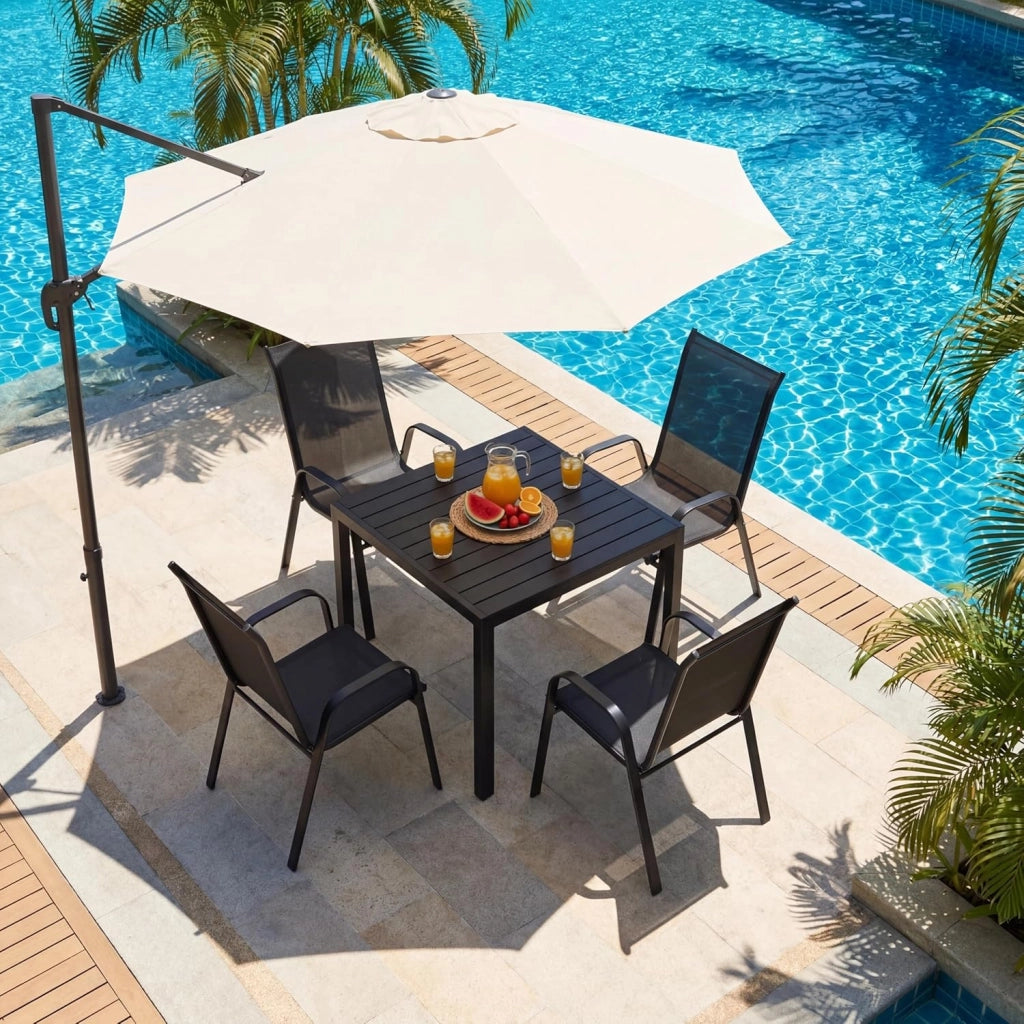 Set di mobili da giardino, 5 pezzi, con 4 poltrone impilabili e 1 tavolo quadrato WPC, mobili da balcone, mobili da terrazza per tutte le stagioni, terrazza, giardino ed esterni
