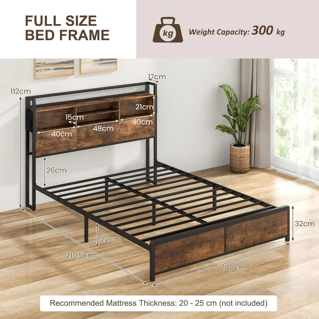Telaio per letto in metallo industriale, con testata di stoccaggio e stazione di ricarica, con piattaforme matrimoniali/queen con doghe in metallo, design senza rumore (210,5 x 140 cm)