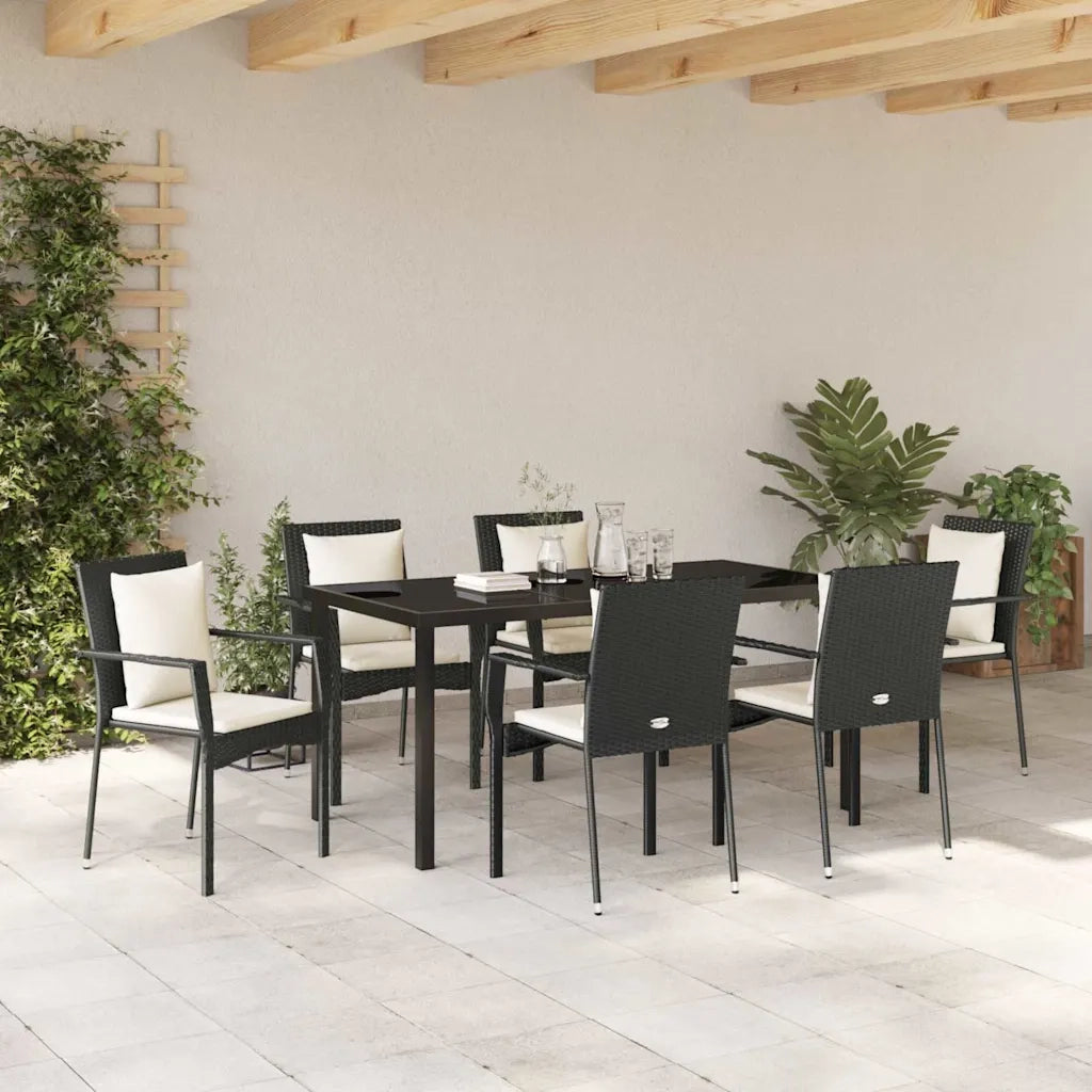 Set da Pranzo per Giardino con cuscino 7 pcs Nero polyrattan