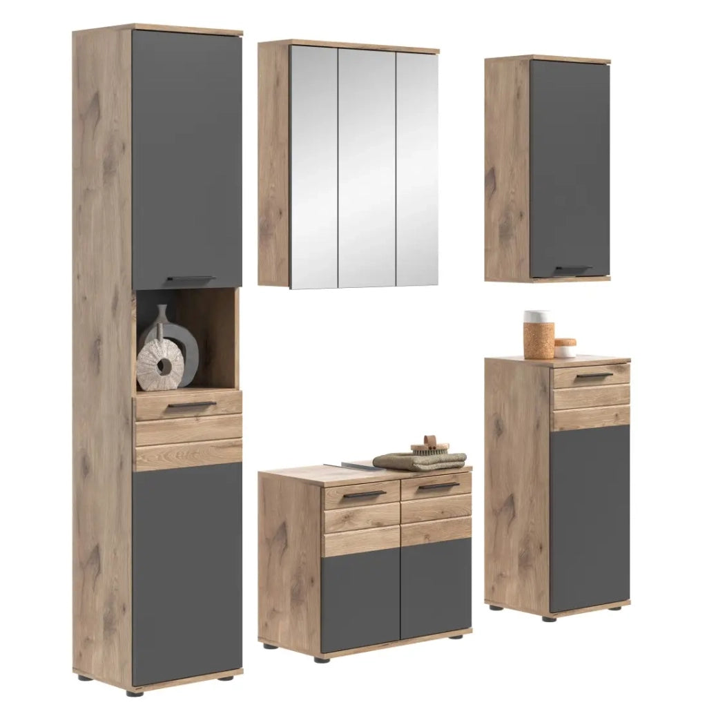 Set da bagno: Mobile sotto lavabo, colonna, mobiletto con specchio + 2 mezze colonne – Grigio antracite e