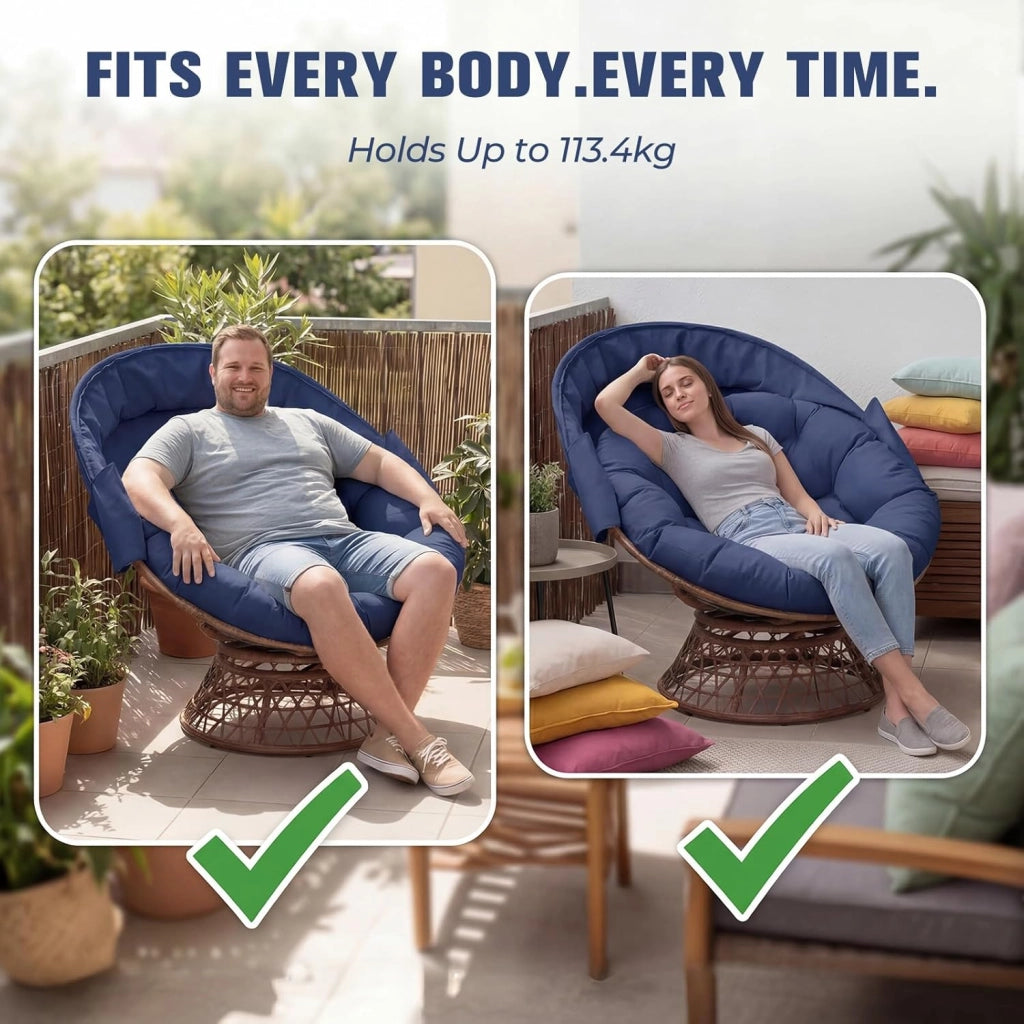 Poltrona da papasan, comoda poltrona girevole con cuscino rotondo, comoda poltrona in rattan, girevole, in vimini, per soggiorno, angolo lettura, lounge – blu