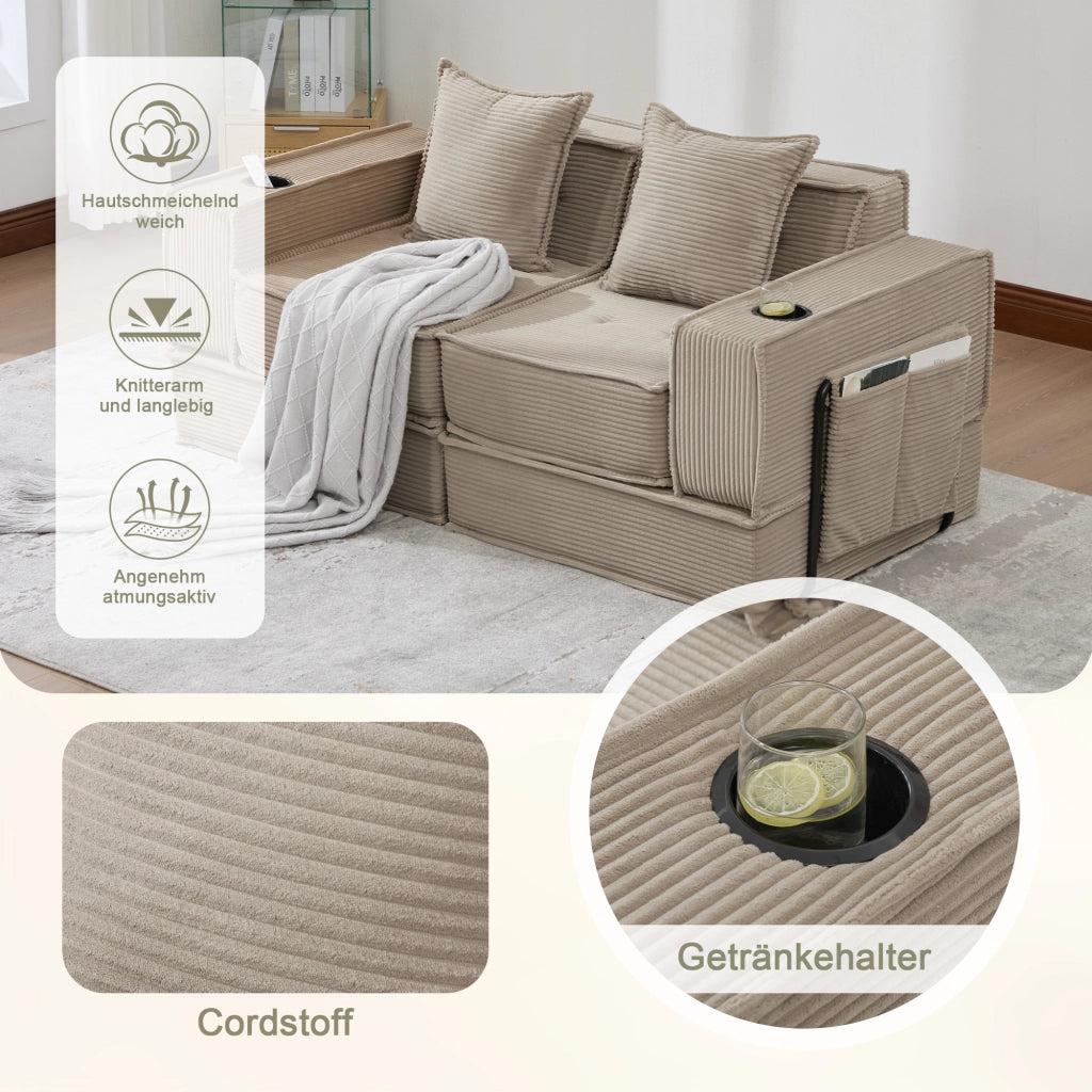 Pouf sofa modulare con tasche laterali e due cuscini in velluto a coste kaki per relax 162 × 78 × 66 cm
