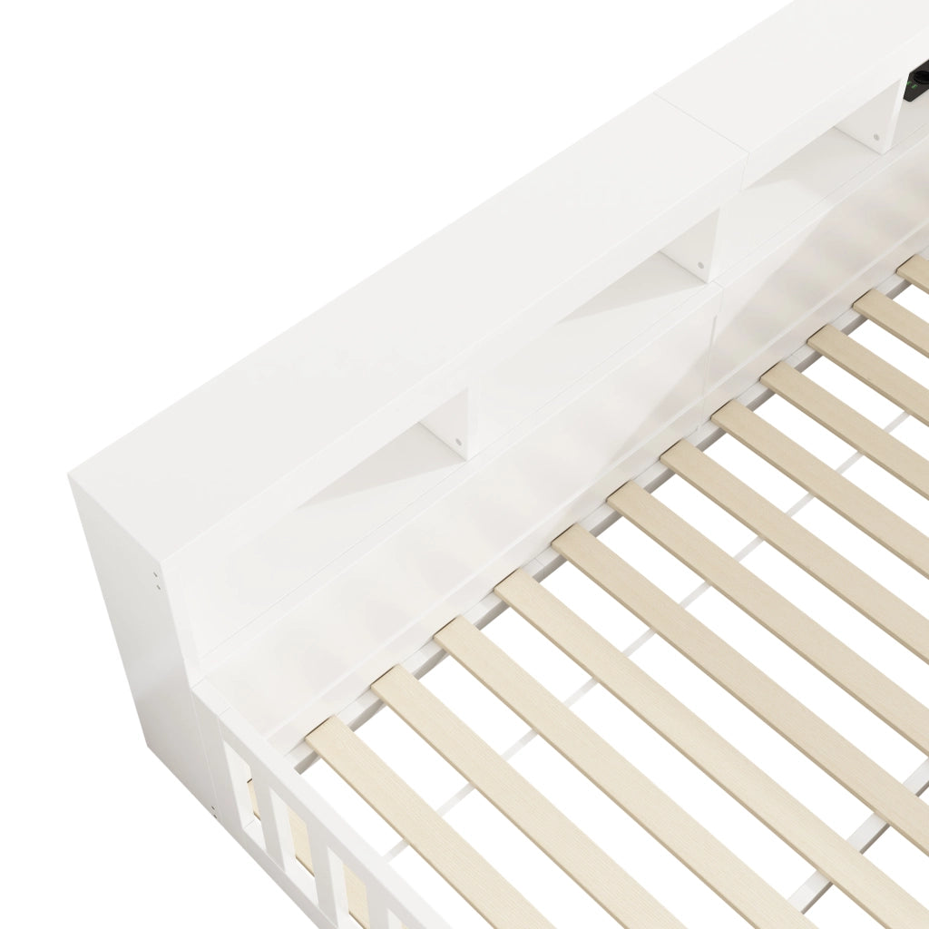 OKWISH Letto a Divano 140×200 cm, Letto Matrimoniale con Prese, USB, Vano Contenitore e Sponda Scorrevole, senza Materasso, Bianco