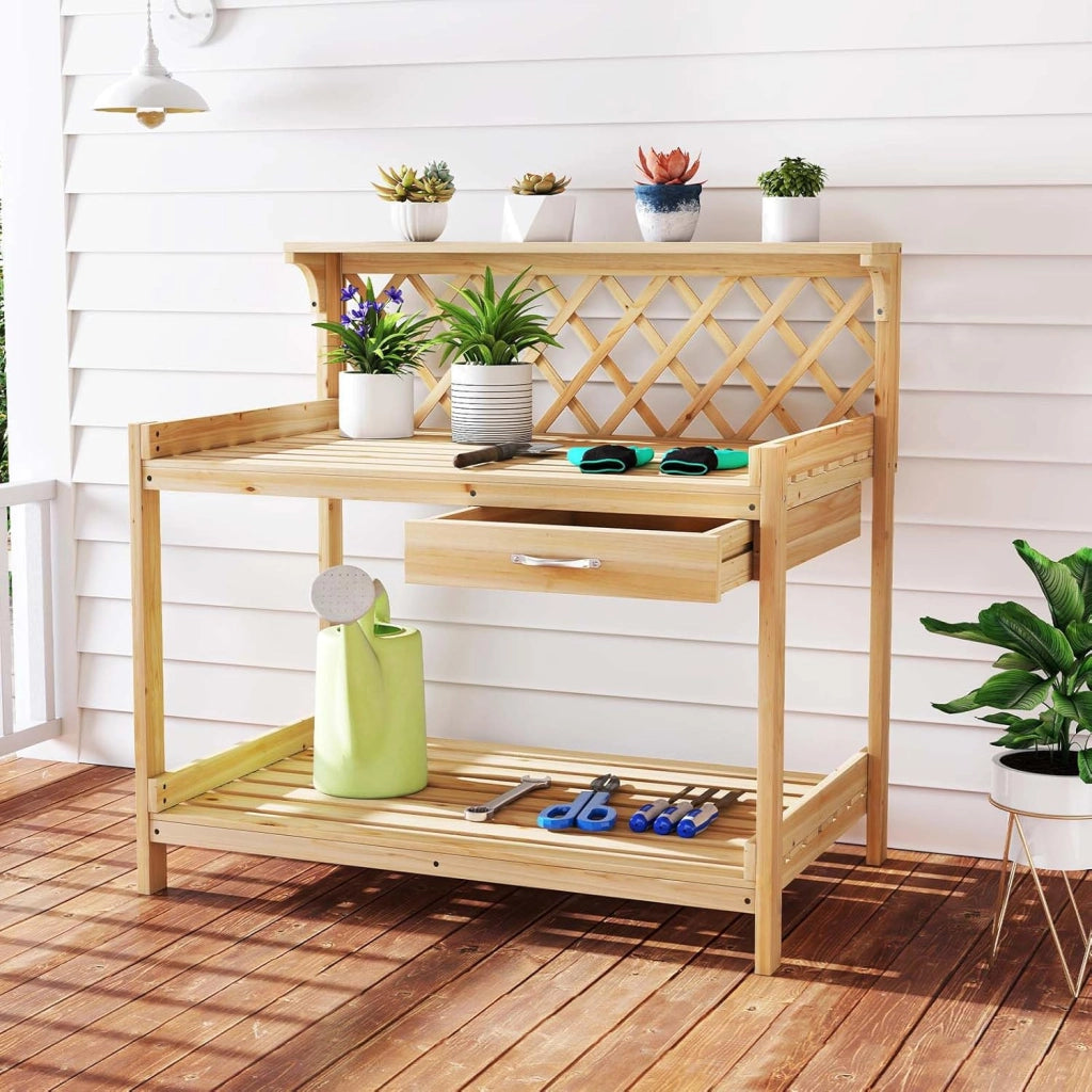 Tavolo per Piante in Legno, Tavolo da Giardino con Traliccio, Cassetto Rimovibile e Ripiano, Tavolino per Vasi di Fiori da Interno ed Esterno per Cortile, Balcone, Prato e Terrazzo