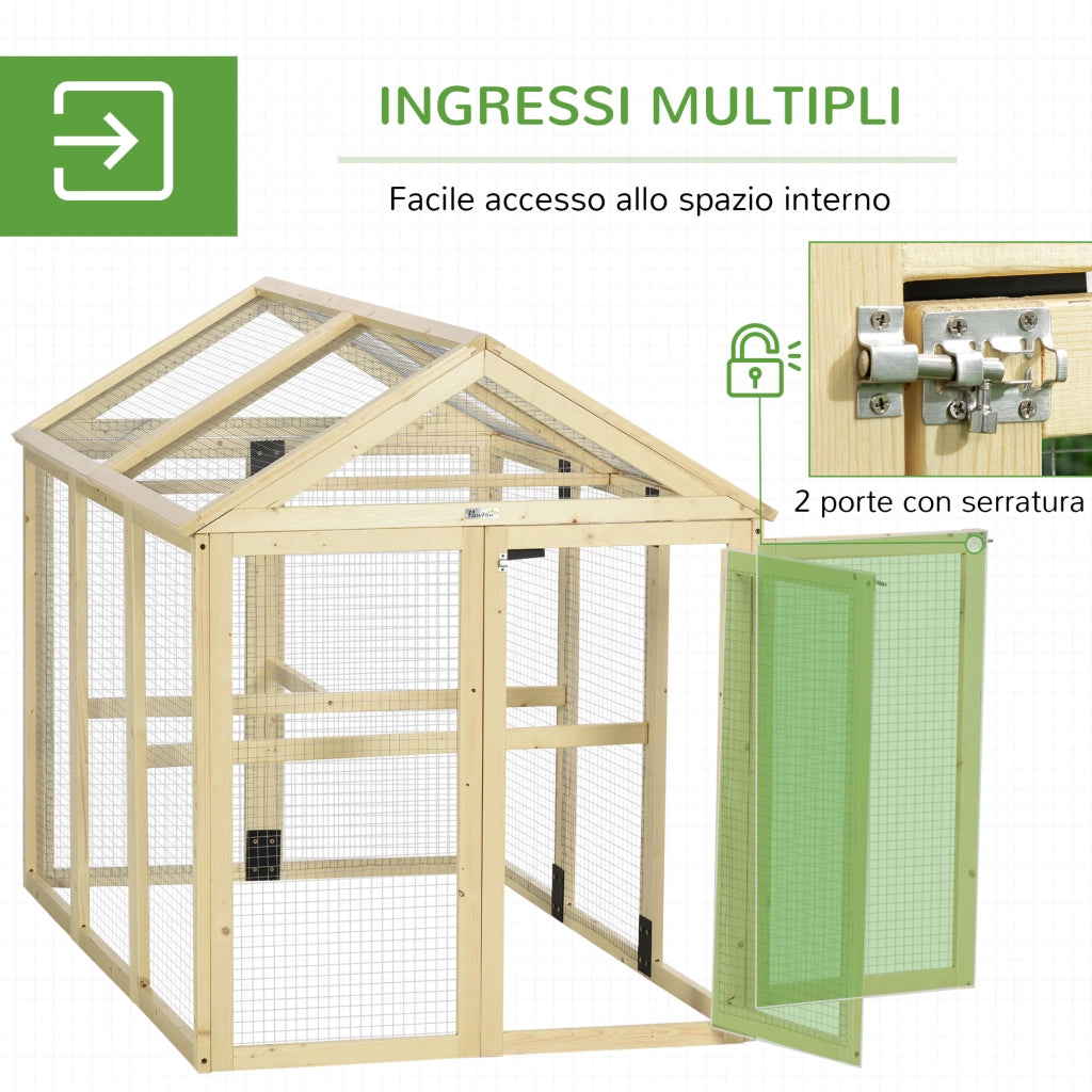 Recinto per Galline all'Aperto 140x88,5x106 cm con Porte Multiple e Rete in Metallo in Legno Naturale