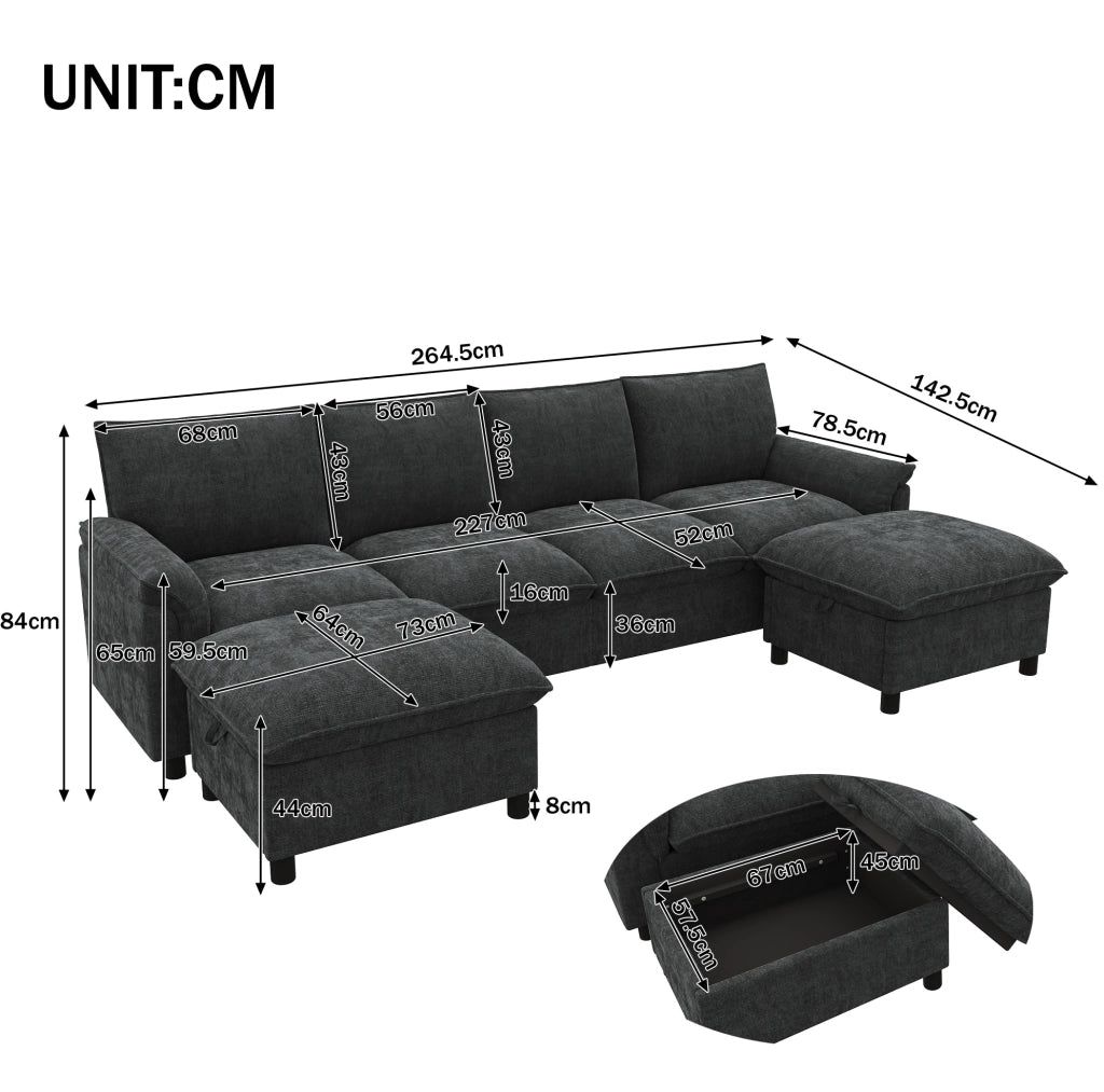 Divano con 2 pouf contenitore in ciniglia nero; 264;5x142;5x84 cm