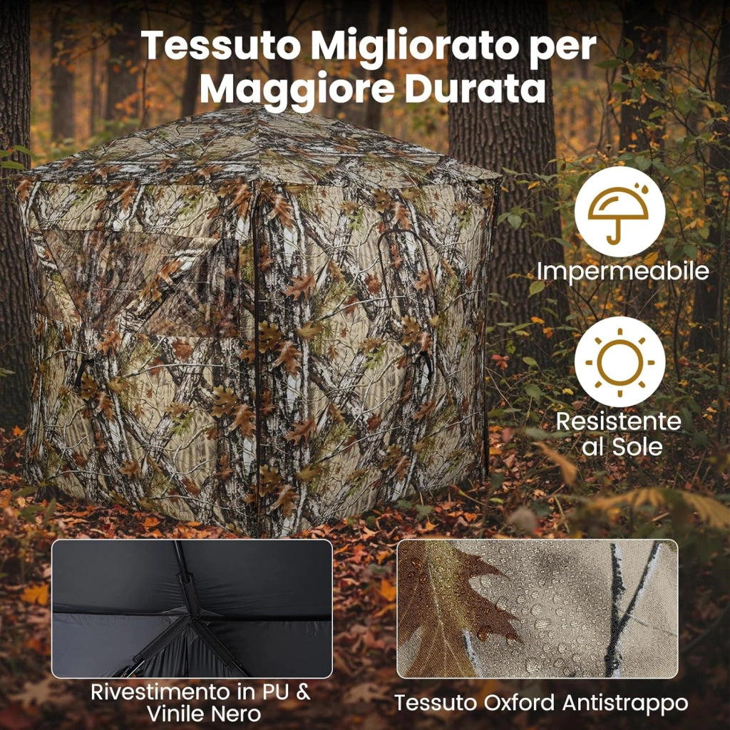 Tenda da Caccia Portatile per 4 Persone, Tenda Pop-Up Camouflage con Finestre Silenziose, Porta Apribile, Pannelli di Sicurezza Rimovibili e Borsa da Trasporto, 140 x 140 x 176 cm