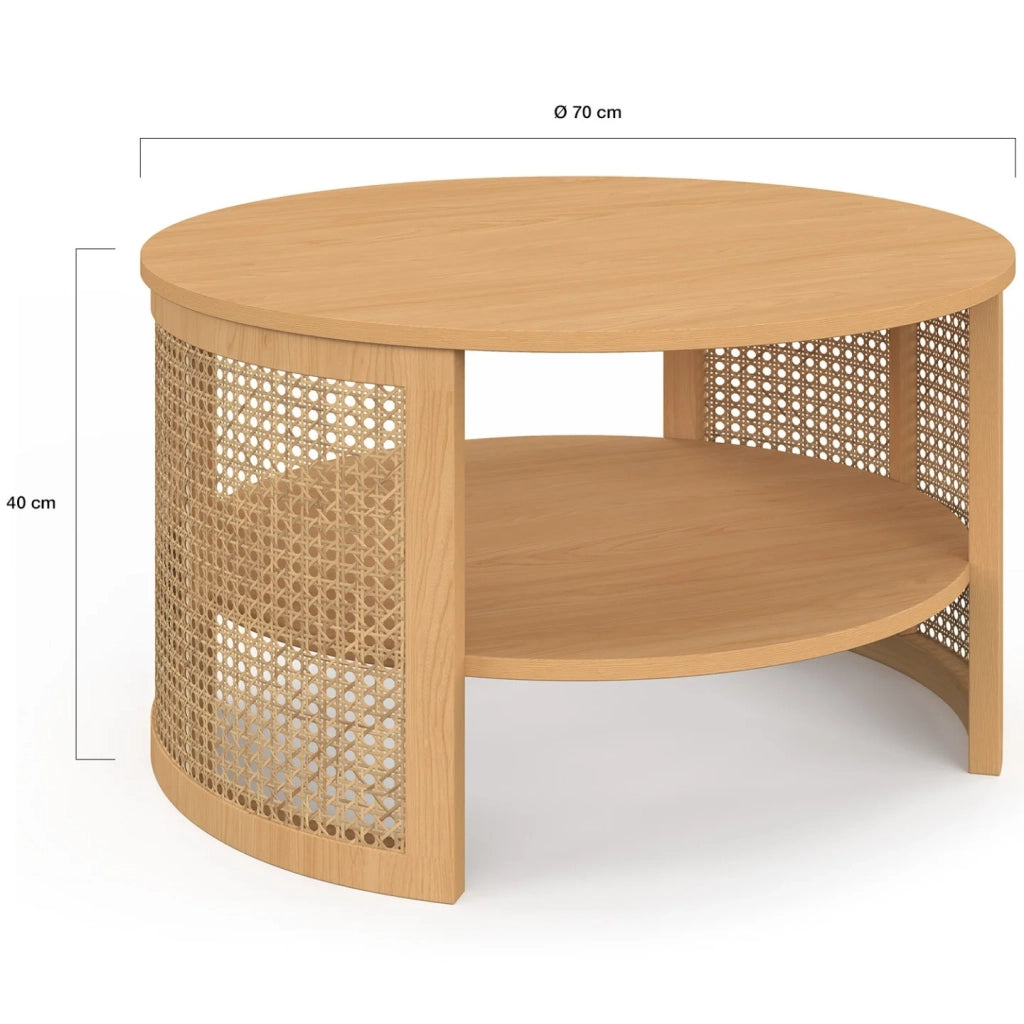 IDMarket - Tavolino rotondo EDHEN 70 cm con canna naturale ed effetto legno
