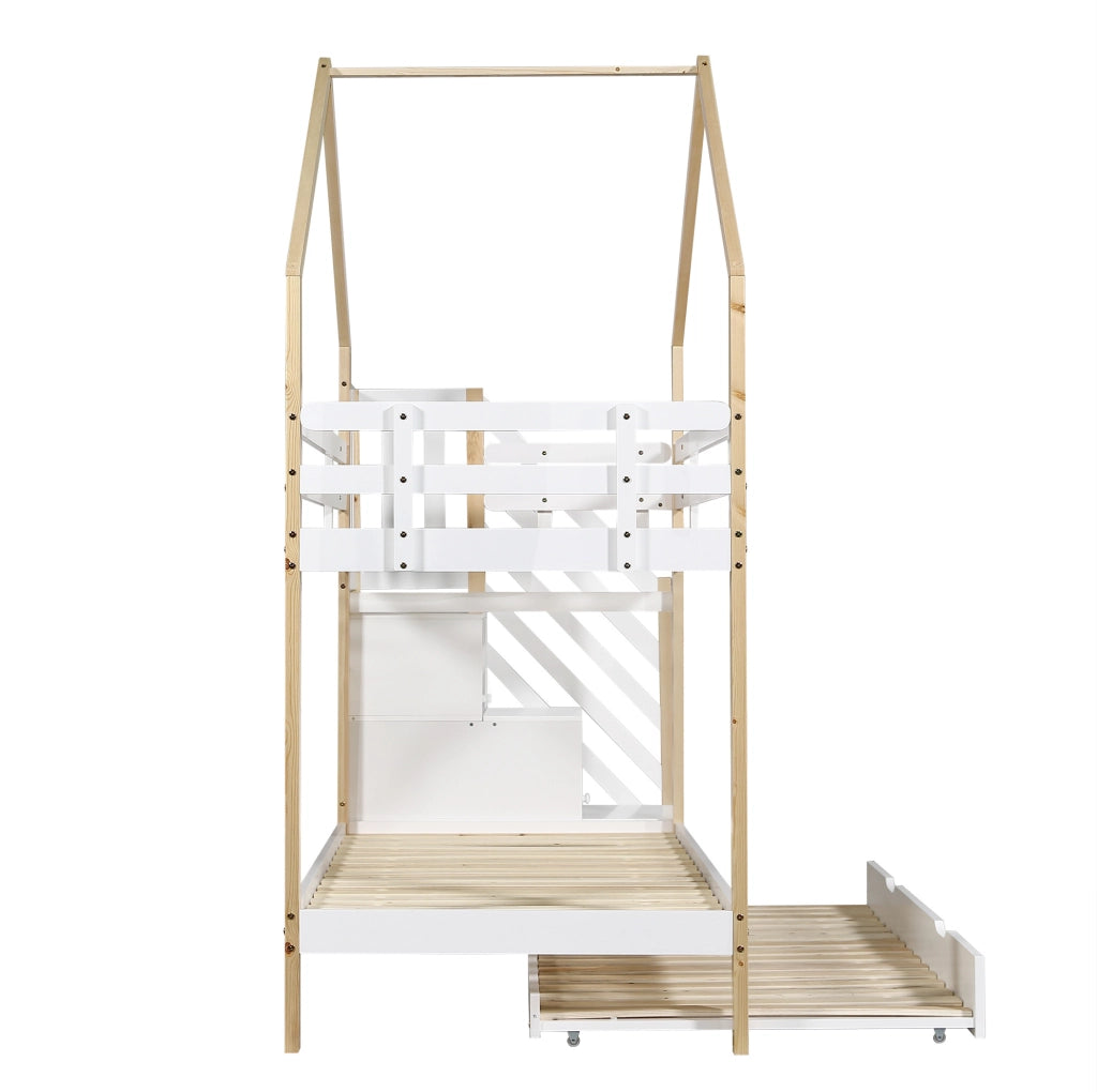 Letto a castello estraibile in legno naturale e bianco con scala e 4 cassetti, 90x200 cm e 90x190 cm