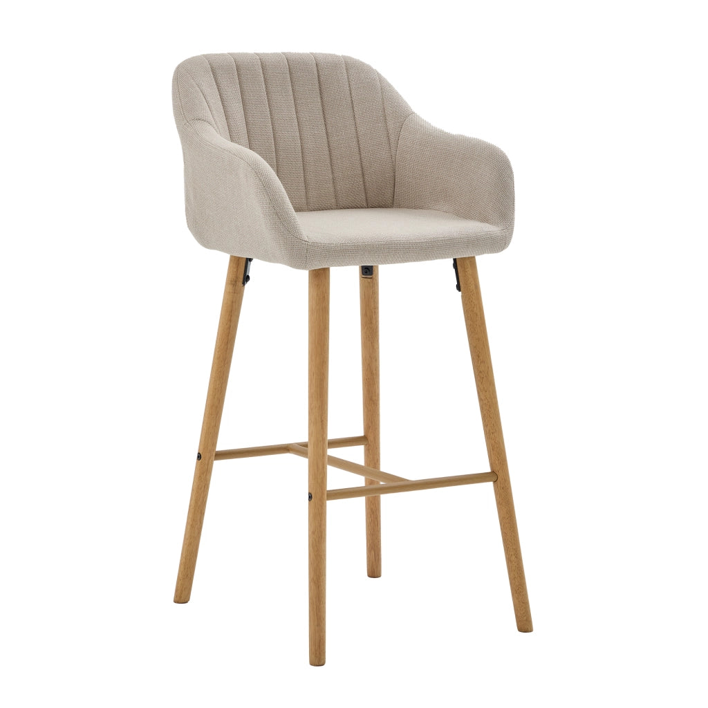 Set 2 Sgabelli da Bar con Schienale Alto e Braccioli ¨C MINIMAL ¨C Seduta in Tessuto Lino, Gambe in Legno