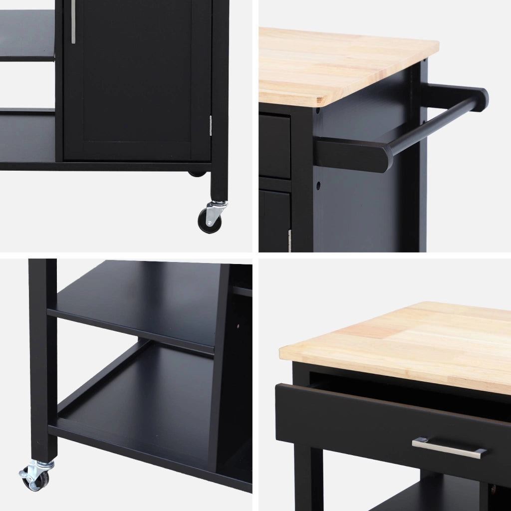 Carrello da cucina in legno di gomma con 5 ripiani, 74cm, nero