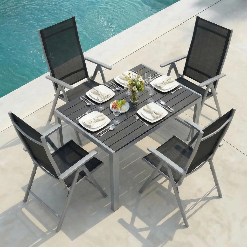 Set di 3 Mobili da Giardino in Alluminio, Tavolo Rettangolare 110x70 cm + 2 Sedie Pieghevoli Regolabili, Resistente alle Intemperie, Arredamento per Terrazza, Balcone e Esterno, Grigio Argento