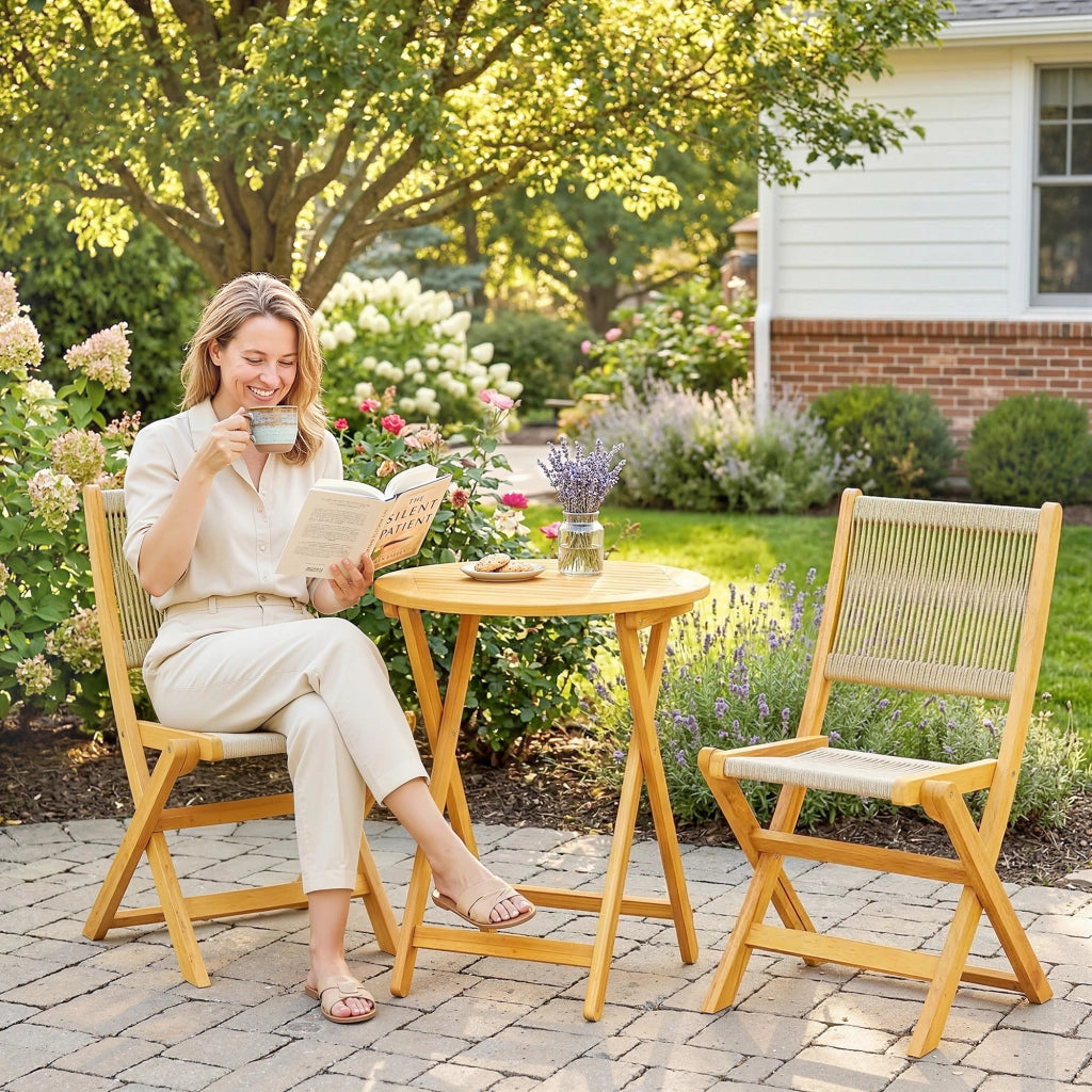 Set Giardino Polyrattan Legno Pieghevole ¨C zephmum ¨C 3 Pezzi con Tavolo e 2 Sedie