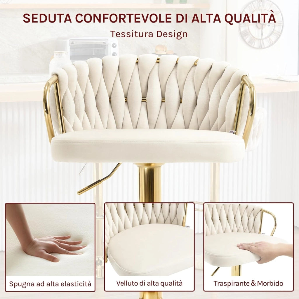 Sgabello da Cucina Altezza Regolabile, Sgabello da Bar in Velluto, Girevole a 360°, con Base in Metallo e Poggiapiedi, Crema