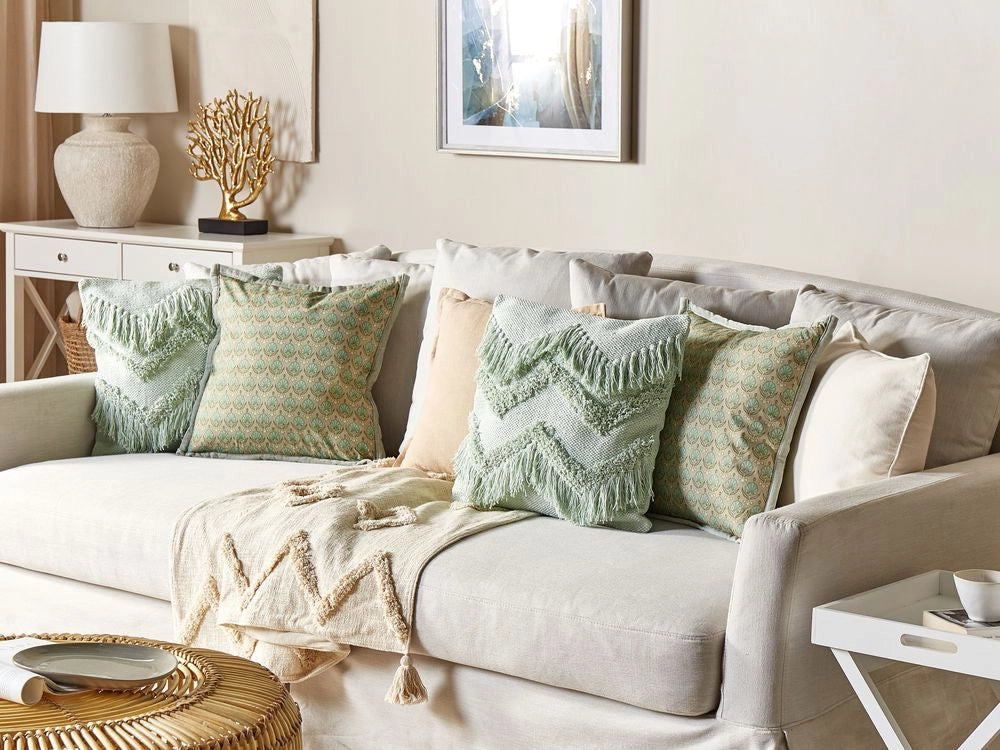Cuscino decorativo in cotone verde chiaro 45 x 45 cm con frange stile boho con imbottitura