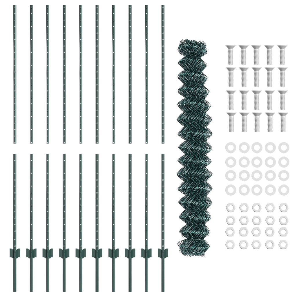 Recinzione a Catena con 10 Pali U Verde 1,5x10 m Acciaio