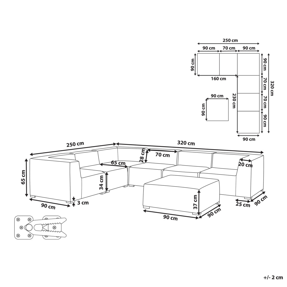 Set divano ad angolo per interni ed esterni con rivestimento in tessuto grigio a 7 posti con divano da giardino ottomana destro