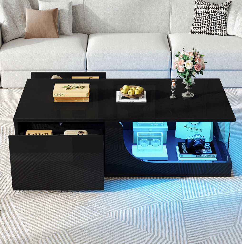 Tavolino nero 100x50x30 cm con 2 cassetti, LED USB e vetro temperato, MDF,