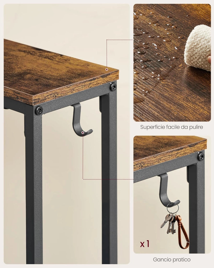 VASAGLE Tavolo Consolle con Stazione di Ricarica, Tavolo Stretto Dietro Divano, 15 x 100 x 80 cm, 1 Gancio, Montaggio Facile, Ingresso, Soggiorno, Marrone Vintage e Nero Inchiostro LNT079K02