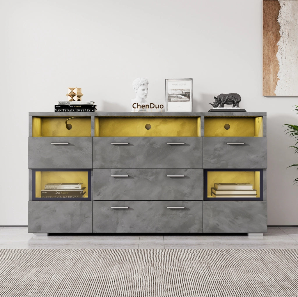 Sideboard grigio 140 cm con LED; 2 ante in acrilico; 3 cassetti e 3 vani aperti