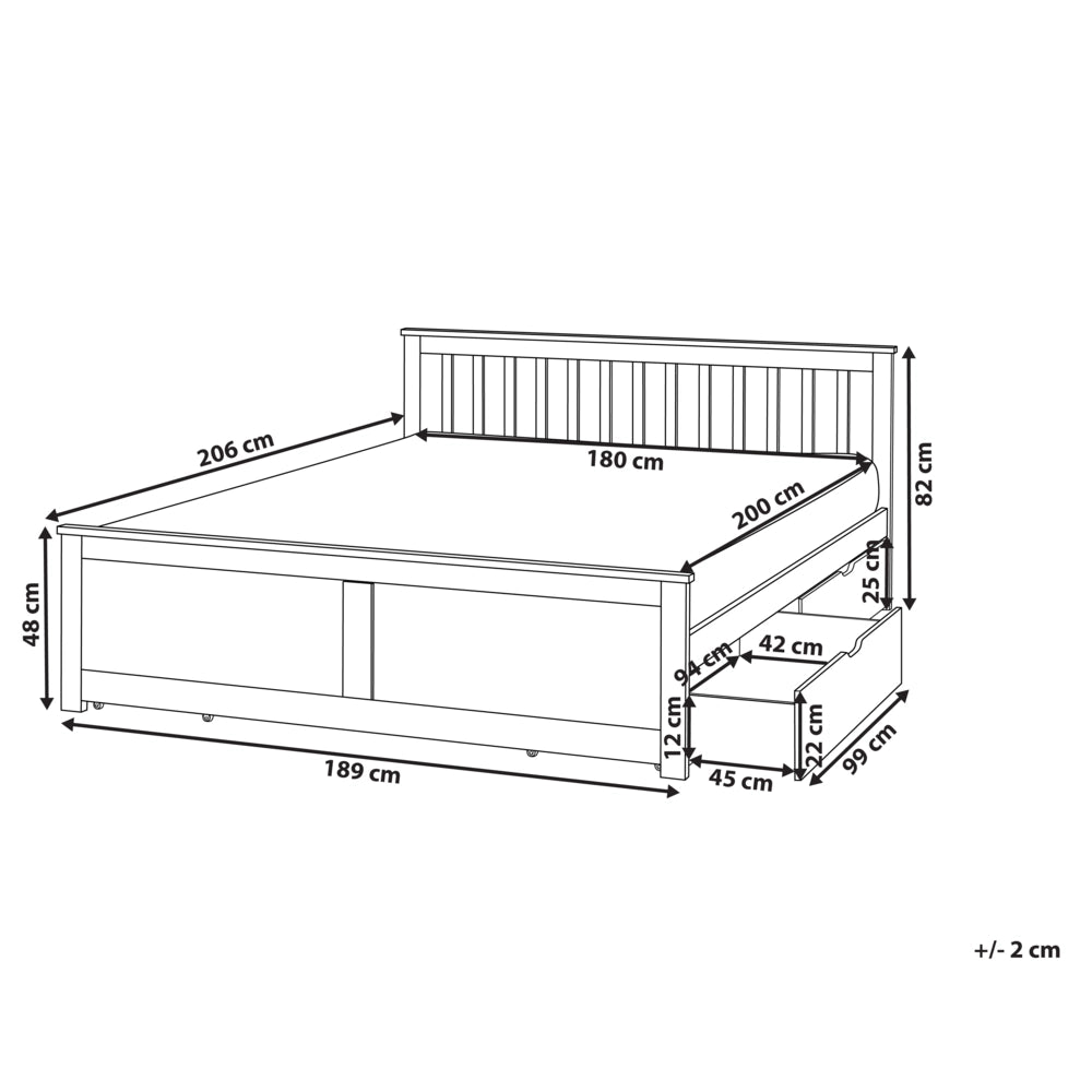 Letto matrimoniale Legno di Pino chiaro con Rete a Doghe con 4 cassetti 180 x 200 cm Testiera a doghe minimalista