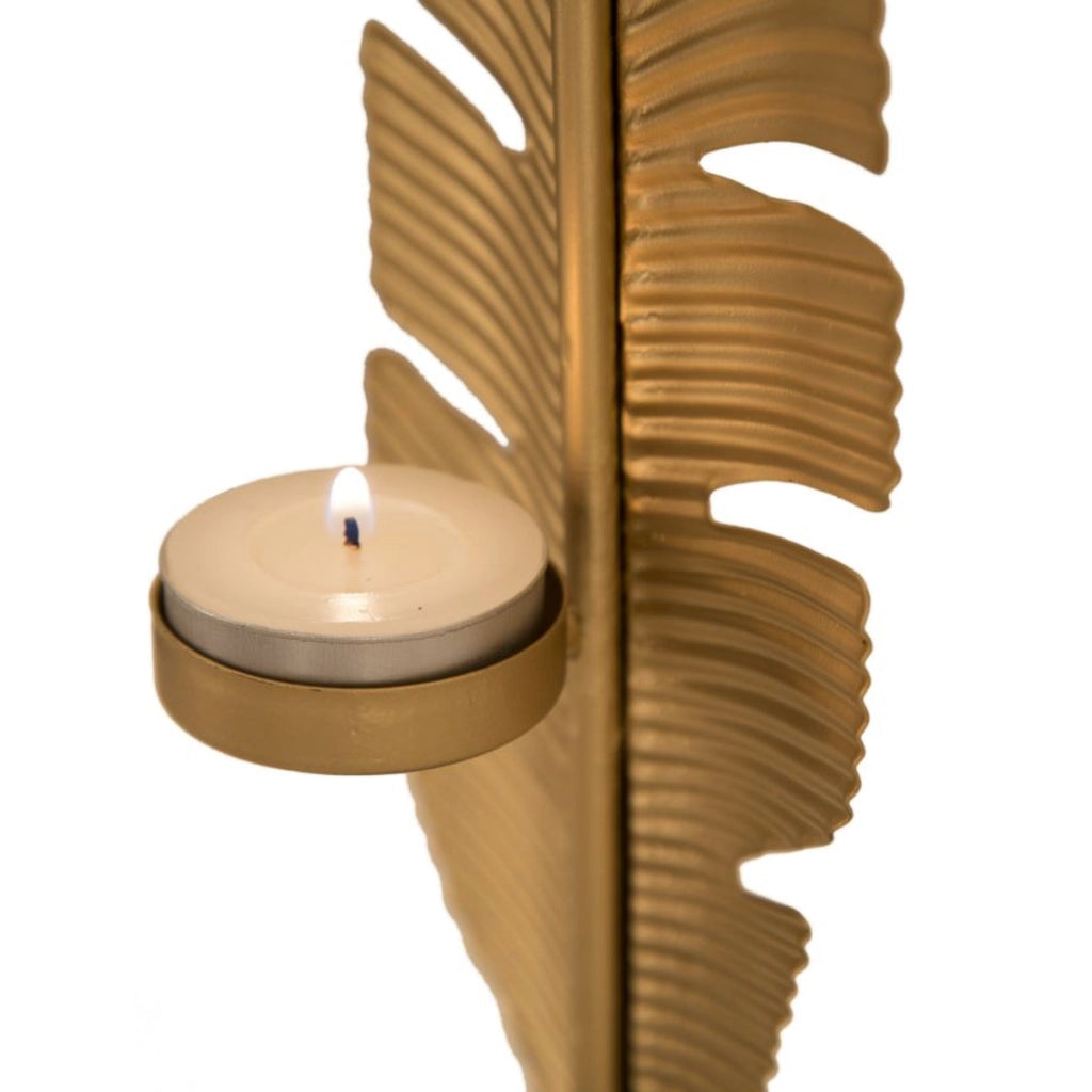 Scultura decorativa Glam a forma di foglia in ferro oro con portacandela