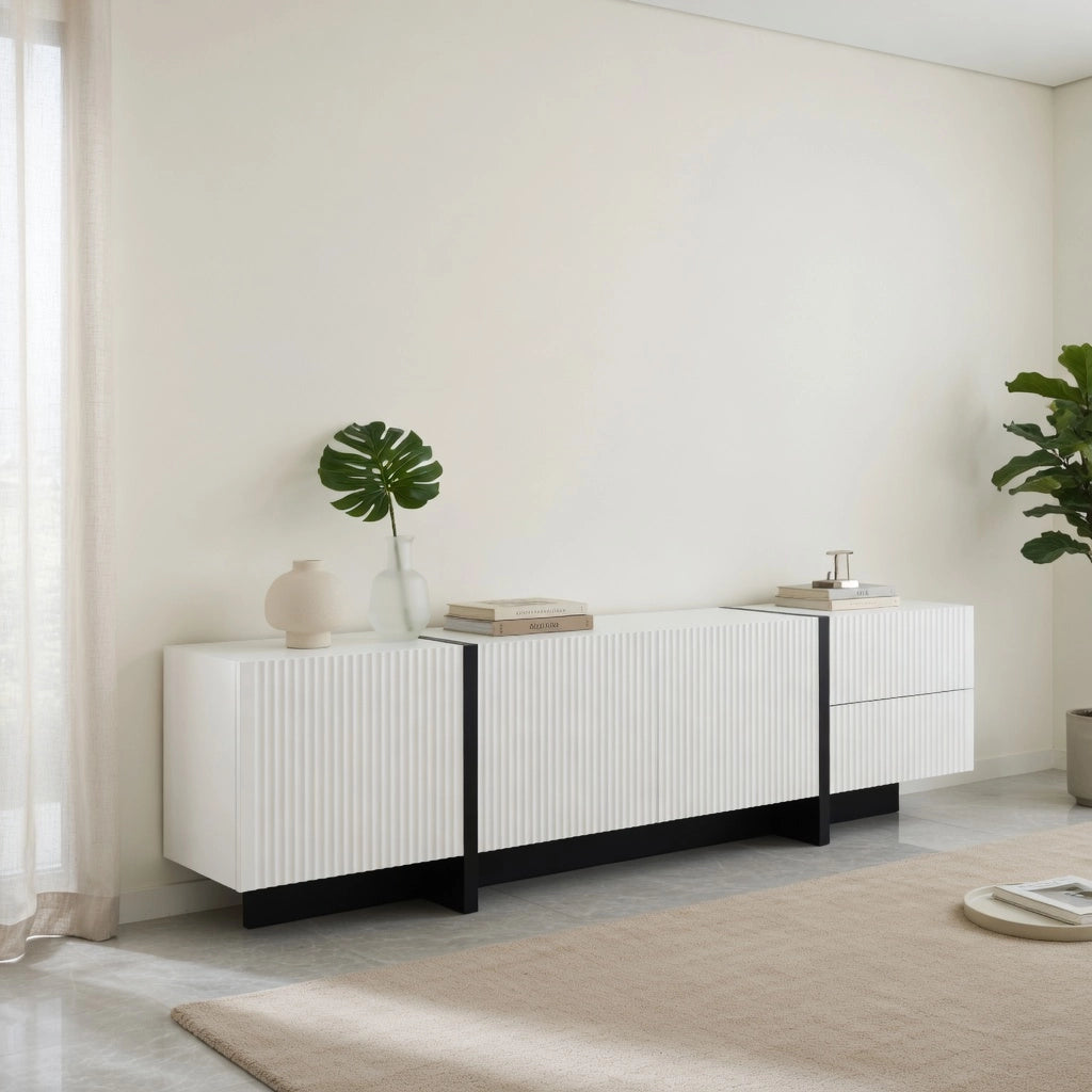 Cassettiera TV nero bianco in MDF e truciolare lunghezza 190 cm