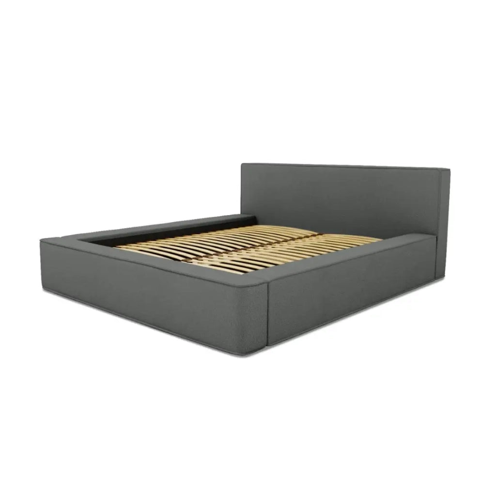 Letto contenitore VELORA – Ardesia bouclé – 140x200 cm – Tessuto velluto morbido – Rete sollevabile – Spazio di stoccaggio integrato