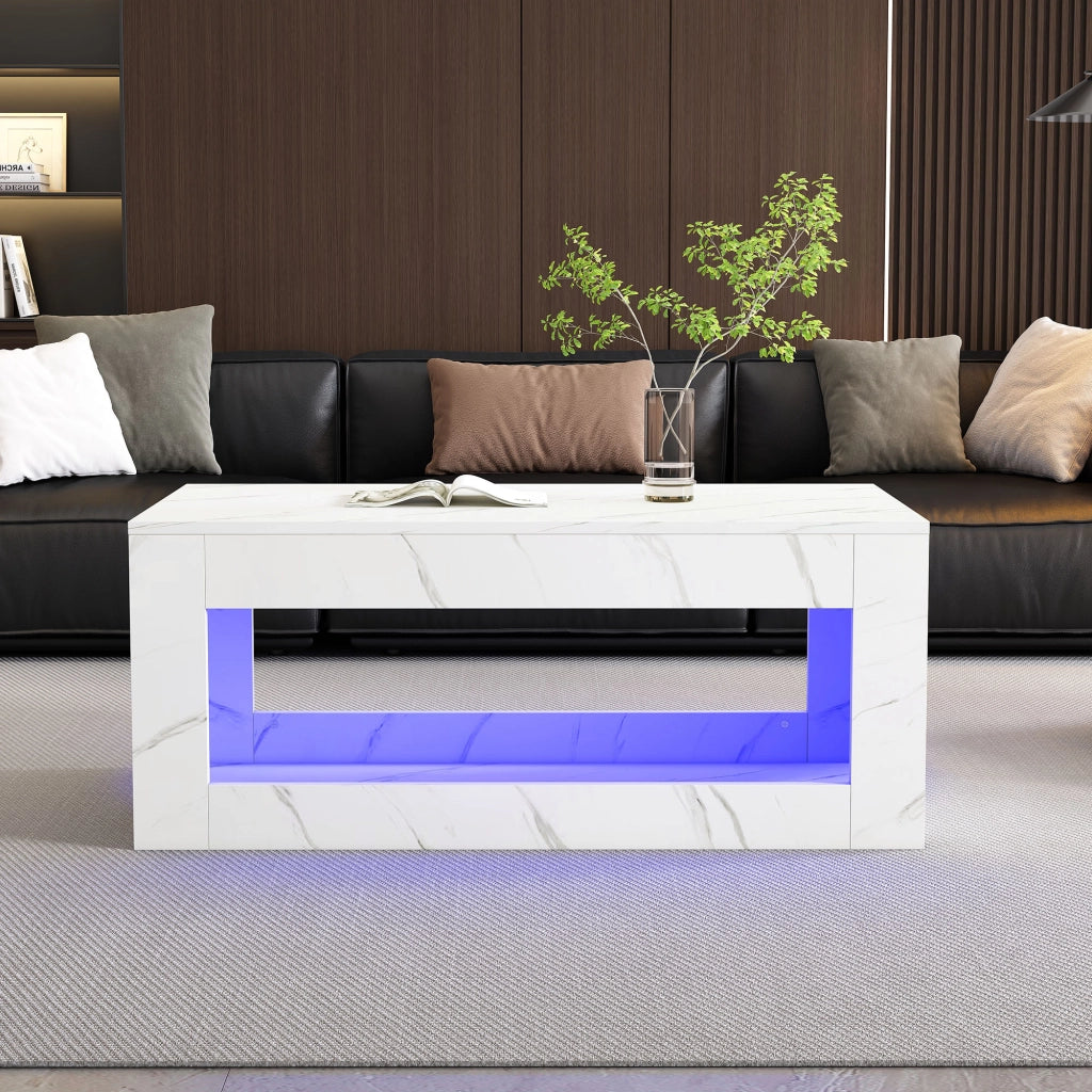 Tavolino da salotto LED con vano aperto; piano effetto marmo lucido; in truciolare; bianco; 100 × 50 × 50 cm