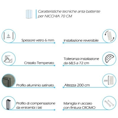 Porta doccia nicchia 70 cm a battente con vetro in cristallo trasparente Ted
