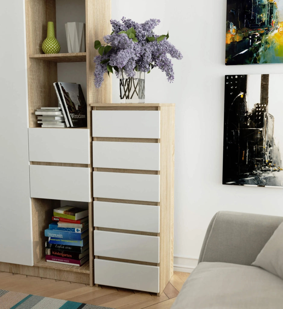 Cassettiera AKORD CL6 Cassettiera Sonoma Quercia 40 cm 6 cassetti inserto frontale Bianco 40x35x109 cm