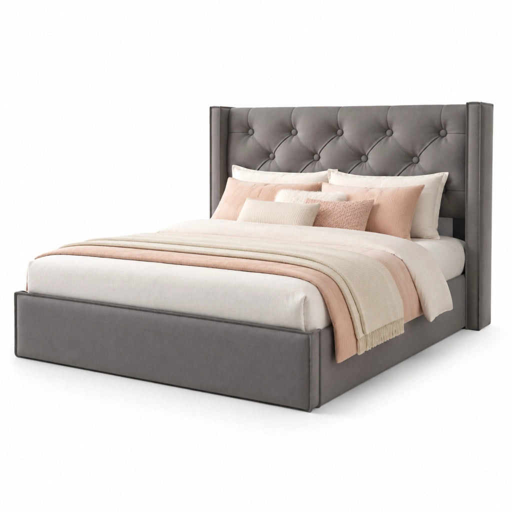 Letto matrimoniale imbottito 140x200 cm con contenitore e rete a doghe; grigio