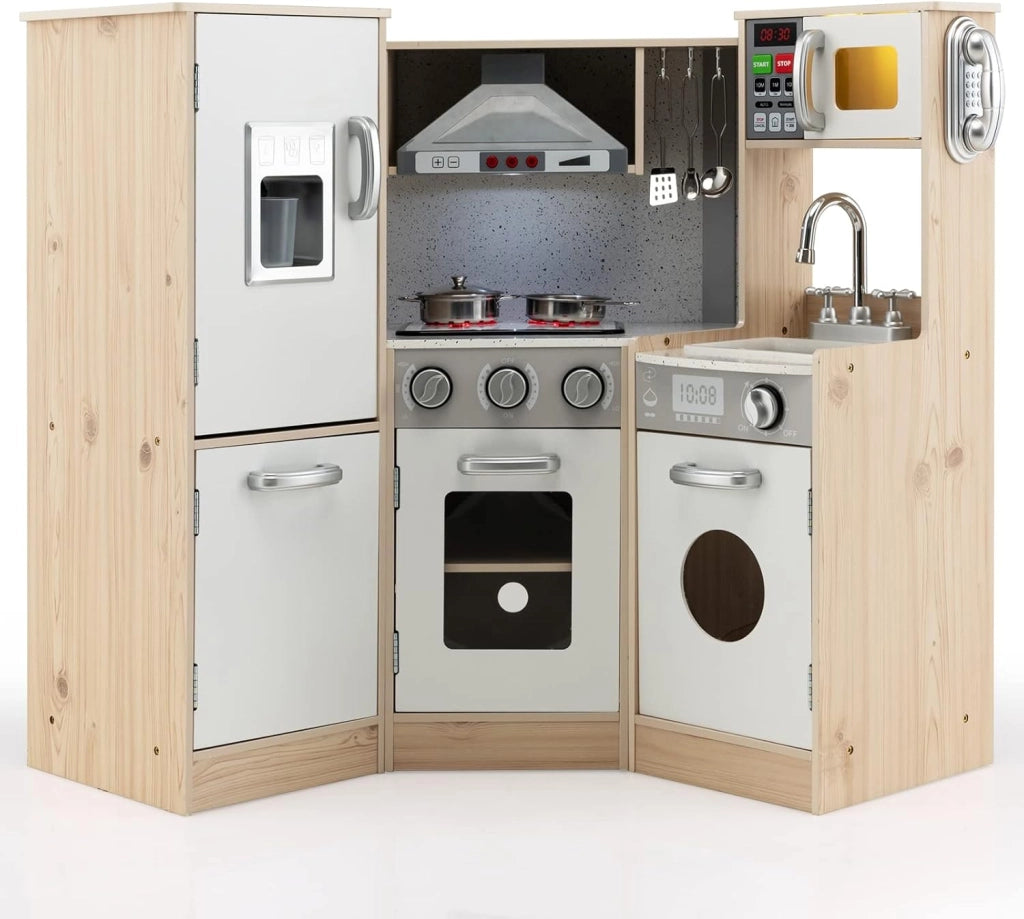 Cucina Giocattolo per Bambini in Legno, Cucina per Bambini con Macchina del Ghiaccio, Telefono, Lavatrice, Forno, Microonde, Lavello e Rubinetto, Funzione Luci e Suoni, per Bambini 3+ Anni