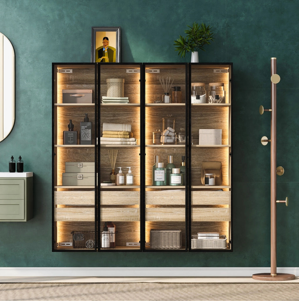 Mobile da bagno a 2 elementi con LED; ante in vetro satinato; MDF; colore naturale