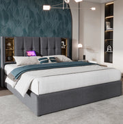 Letto matrimoniale imbottito 140x200 con ricarica wireless, USB e materasso incluso