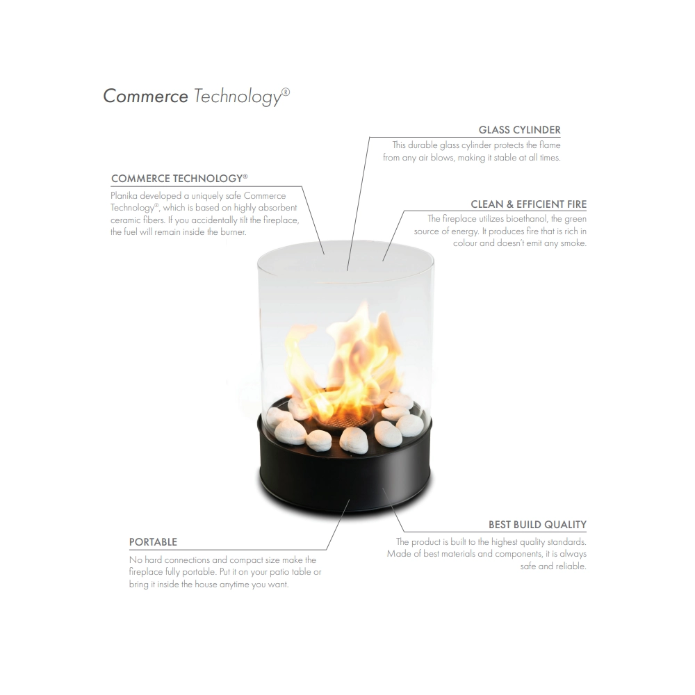 Planika - Biocamino da Tavolo Chantico Glassfire Caminetto a Bioetanolo Portatile con Tecnologia Commerce, Cilindrico in Vetro