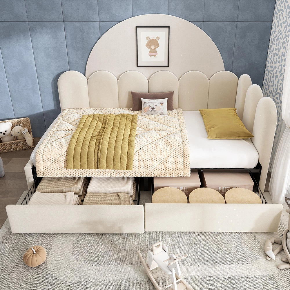 Letto imbottito singolo con cassetti - Xylo - 90x200 cm - Beige - Velluto, divano letto