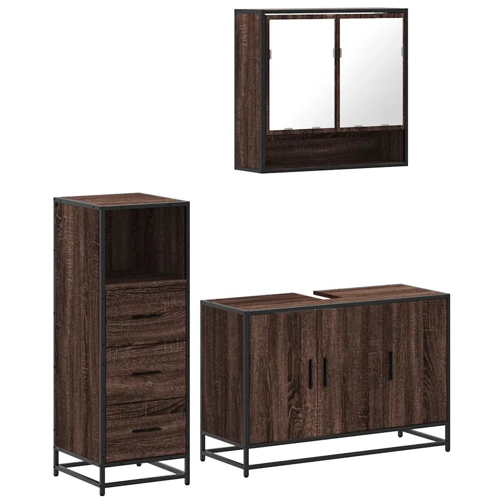 Set Mobili da Bagno 3 pz Rovere Marrone in Legno Multistrato