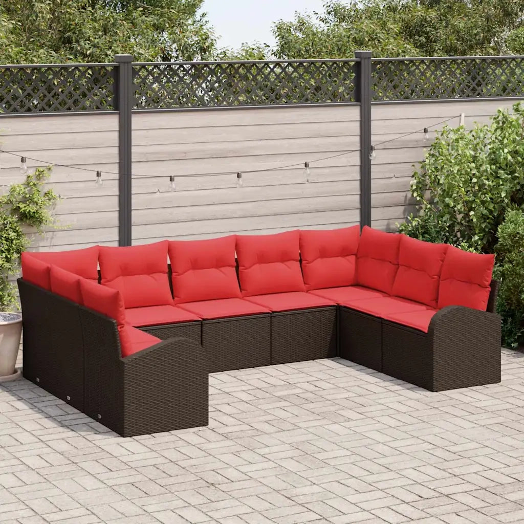 Set Divano da Giardino 9 pcs Marrone e Rosso polyrattan