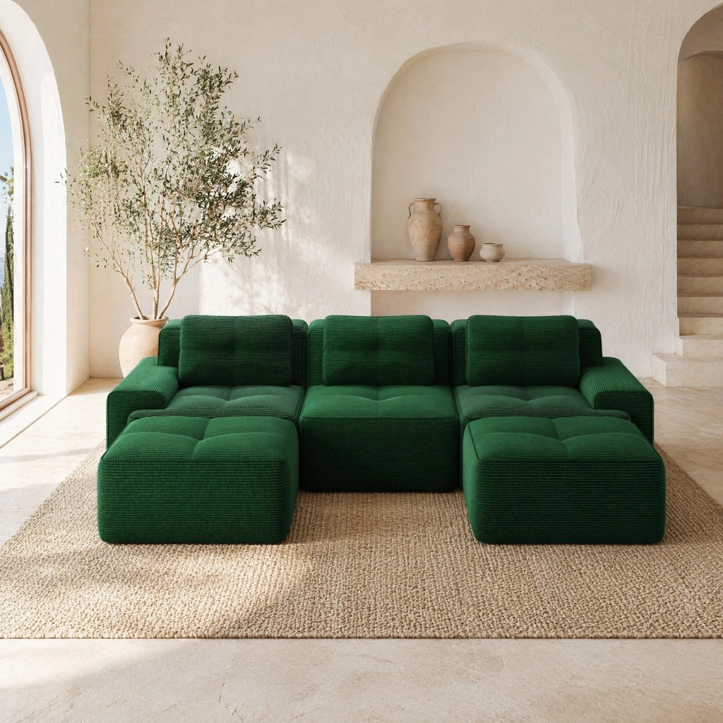 Divano modulare a U 293x177x69 cm in velluto a coste verde; senza montaggio