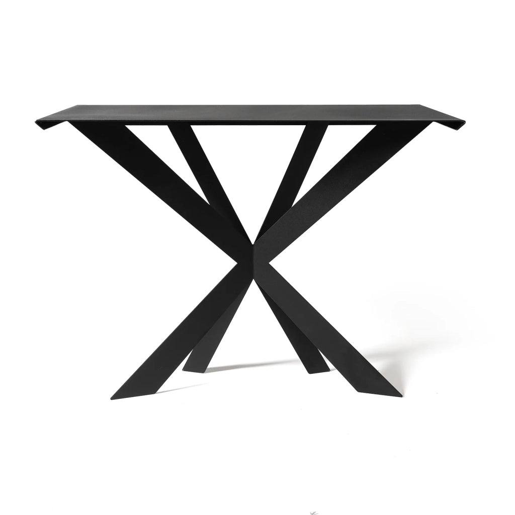 Consolle Exsodus Zeus 110x35x85 cm in ferro verniciato nero Design moderno geometrico traforato Mobile da ingresso o soggiorno Made in Italy