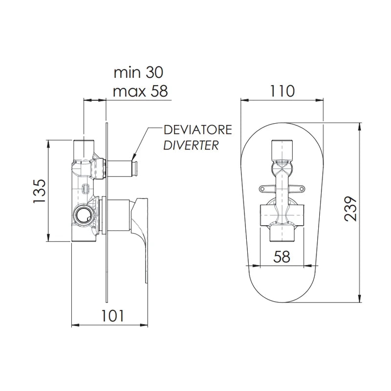 Rubinetto vasca/doccia incasso con deviatore e piastra - serie class line