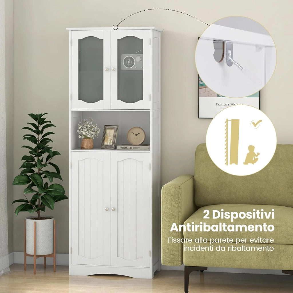 Armadietto Salvaspazio 60 x 30 x 164cm, Mobile Bagno con Scomparti Aperti, Ripiani Regolabili e 2 Porte in Vetro Temprato, Armadio da Bagno per Ufficio, Soggiorno e Camera da Letto (Bianco)