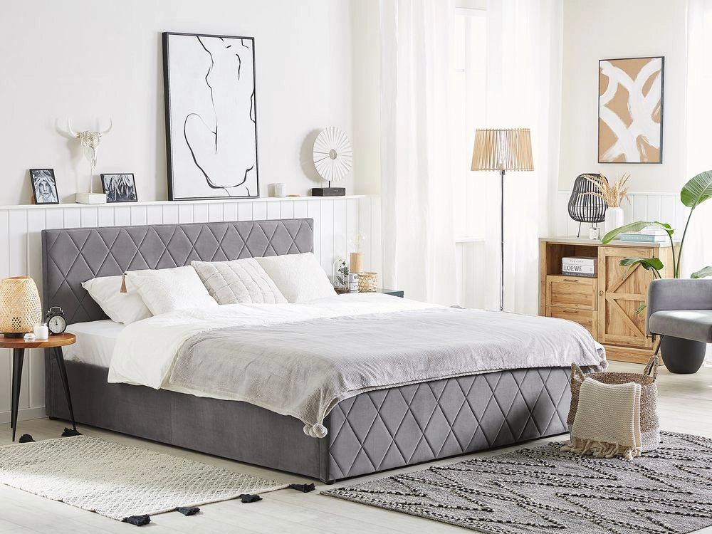 Letto contenitore Rivestimento in velluto grigio 180 x 200 cm con testiera trapuntata a rombi con base a doghe