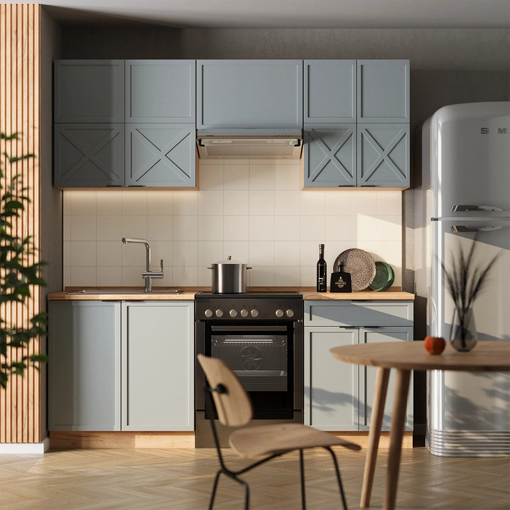 Vicco Cucina componibile Rovere blu-grigio chiaro/oro 200 cm senza piano di lavoro