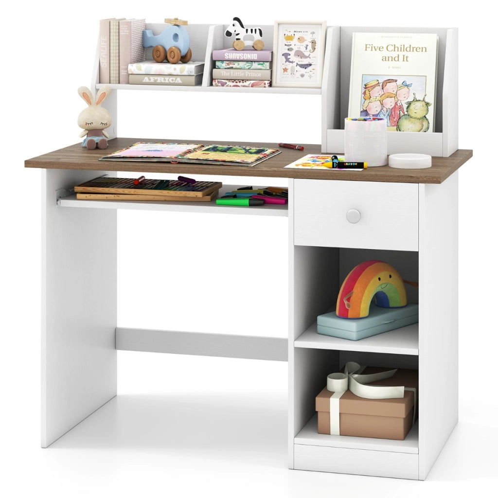 Scrivania per bambini legno con vassoio per tastiera e cassetto-Scrivania per bambini libreria laterale e mensole superiori Legno Naturale