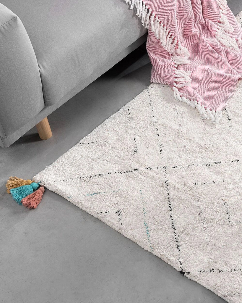 Tappeto tappetino Shaggy Cotone Bianco 140 x 200 cm Motivo Geometrico Multicolore