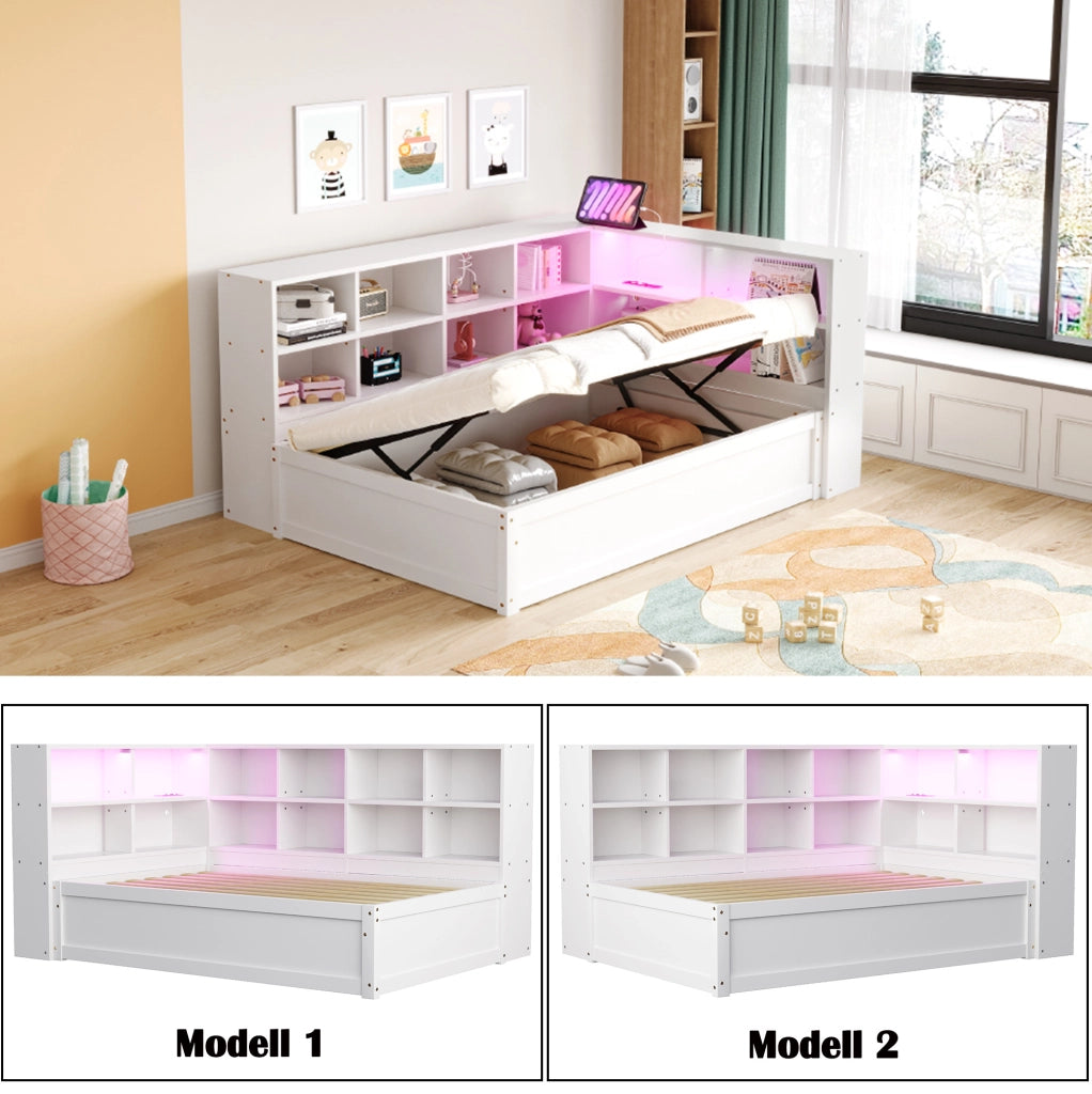 Letto multifunzione 90x200 cm con LED, prese e vani bianchi