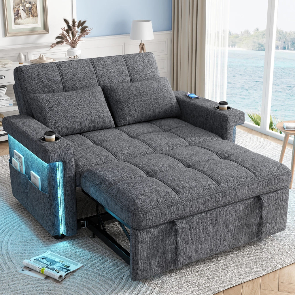 Divano letto 2 posti - con schienale regolabile; LED; USB e portabevande - in chenille grigio